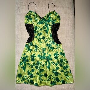 Cider Satin Green Floral Lace Cutout Slip Dress Mini Small Fairycore Grunge
